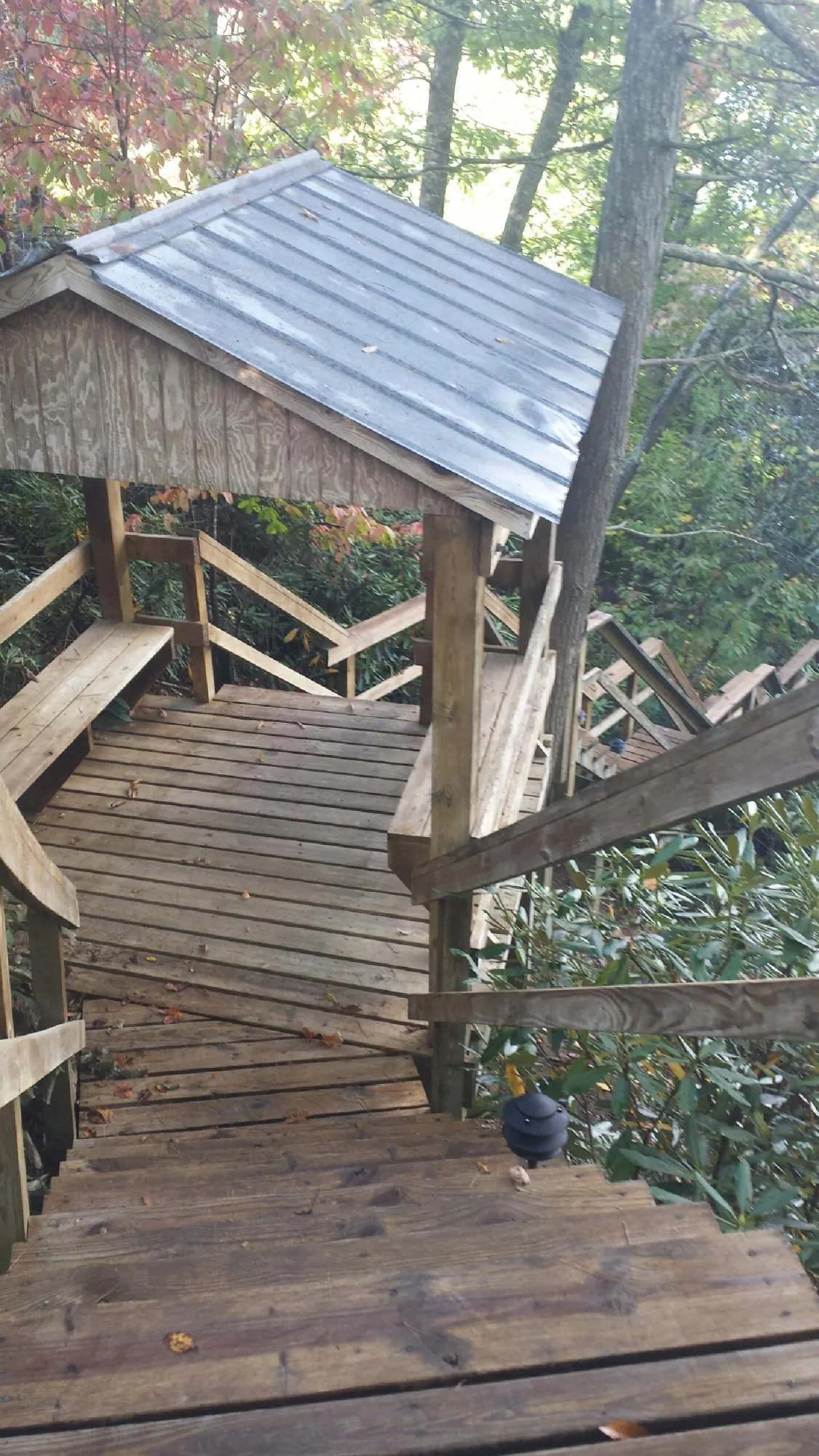 Metal roofed shelter over wooden steps on a wooded walkway — Skylight Repair & Installation work by our crew in Robinson