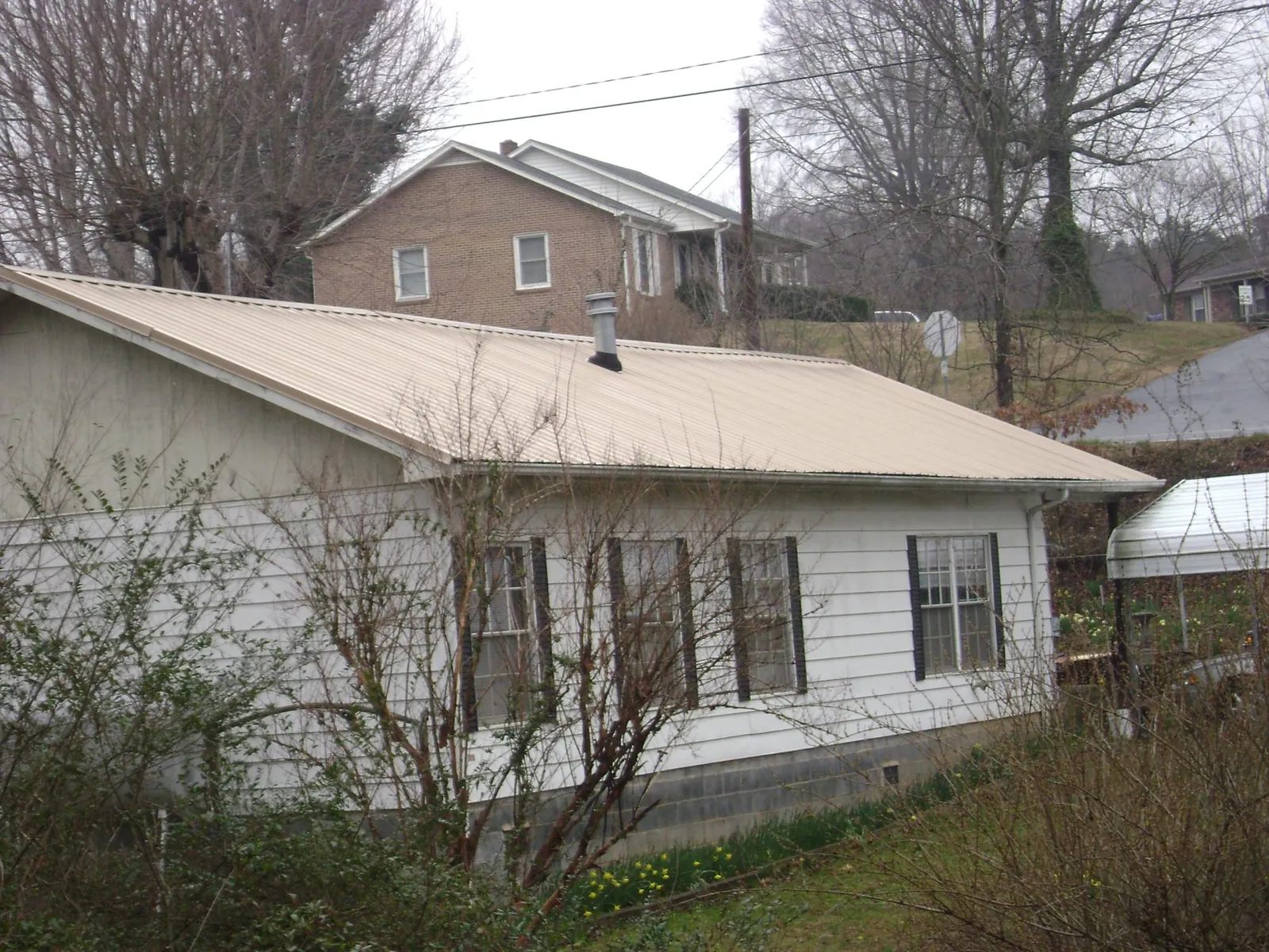 Tan metal roof on a white sided house set into a hillside in Robinson